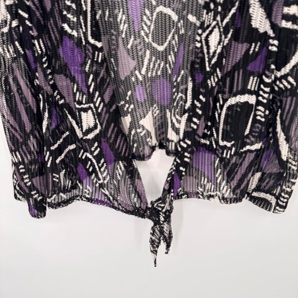 Chicos 2 Black Purple Tie-Front mesh Cardigan jacket Size large Geometric - Picture 5 of 10